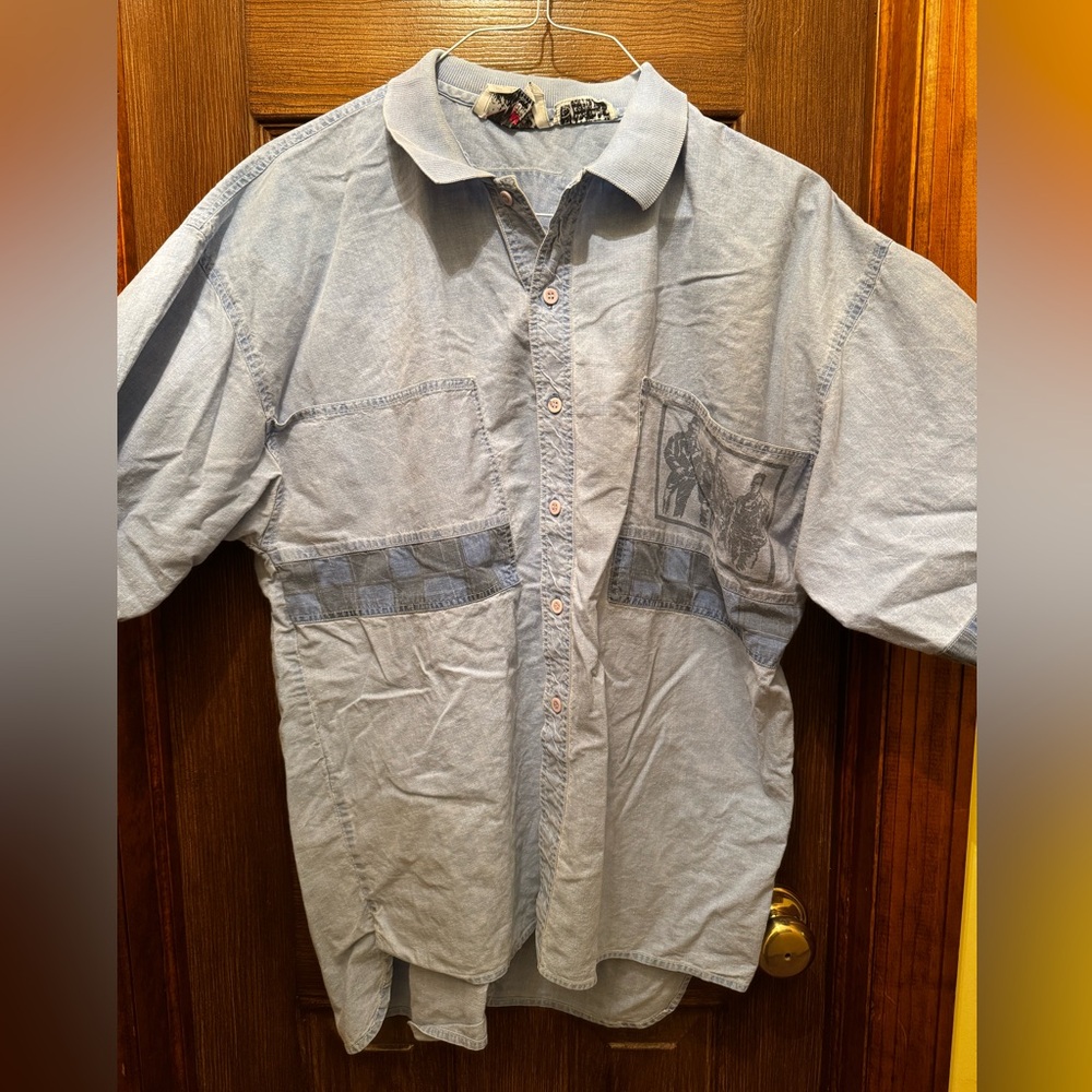 VINTAGE Light Blue Denim Button-Up Shirt with Chest Patch Detail